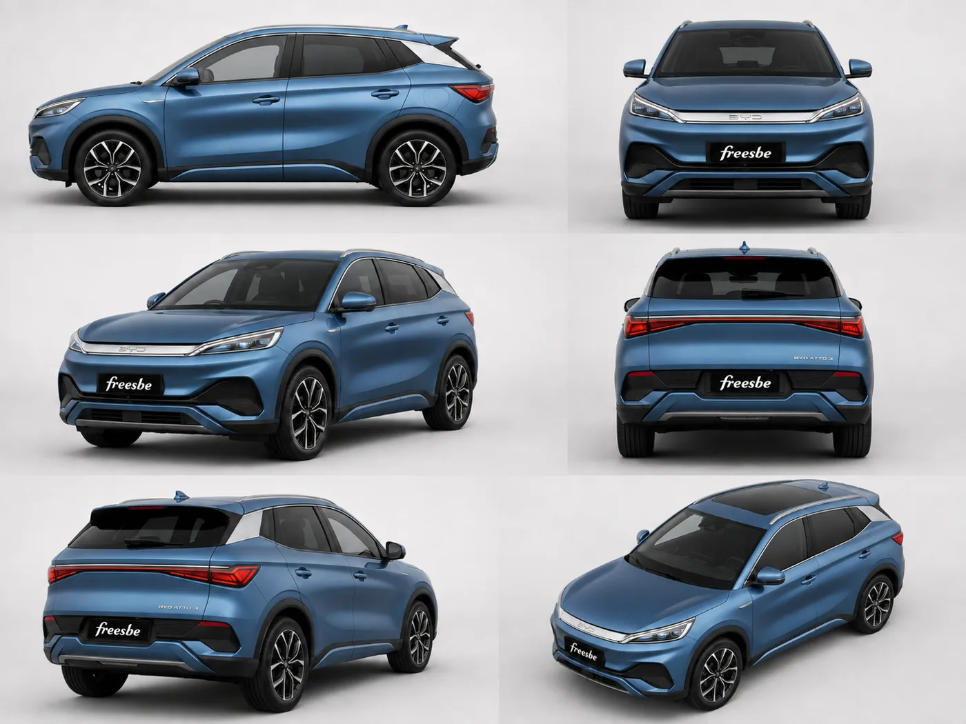 Six-angle product sheet of a blue BYD Atto 3 with freesbe plates