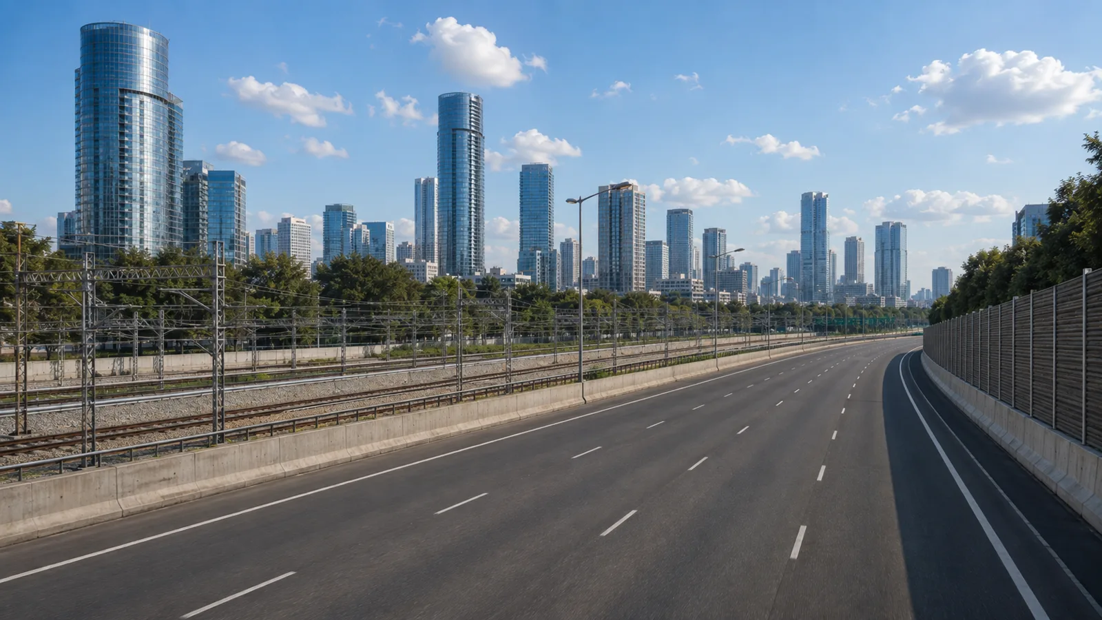 Empty urban highway with the Tel Aviv skyline behind it