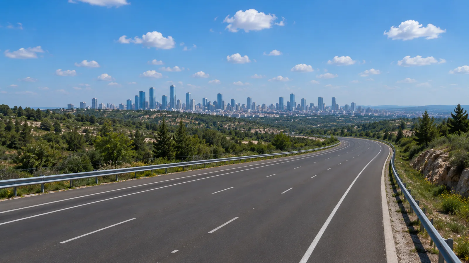 Empty country highway curving through green hills toward a city skyline