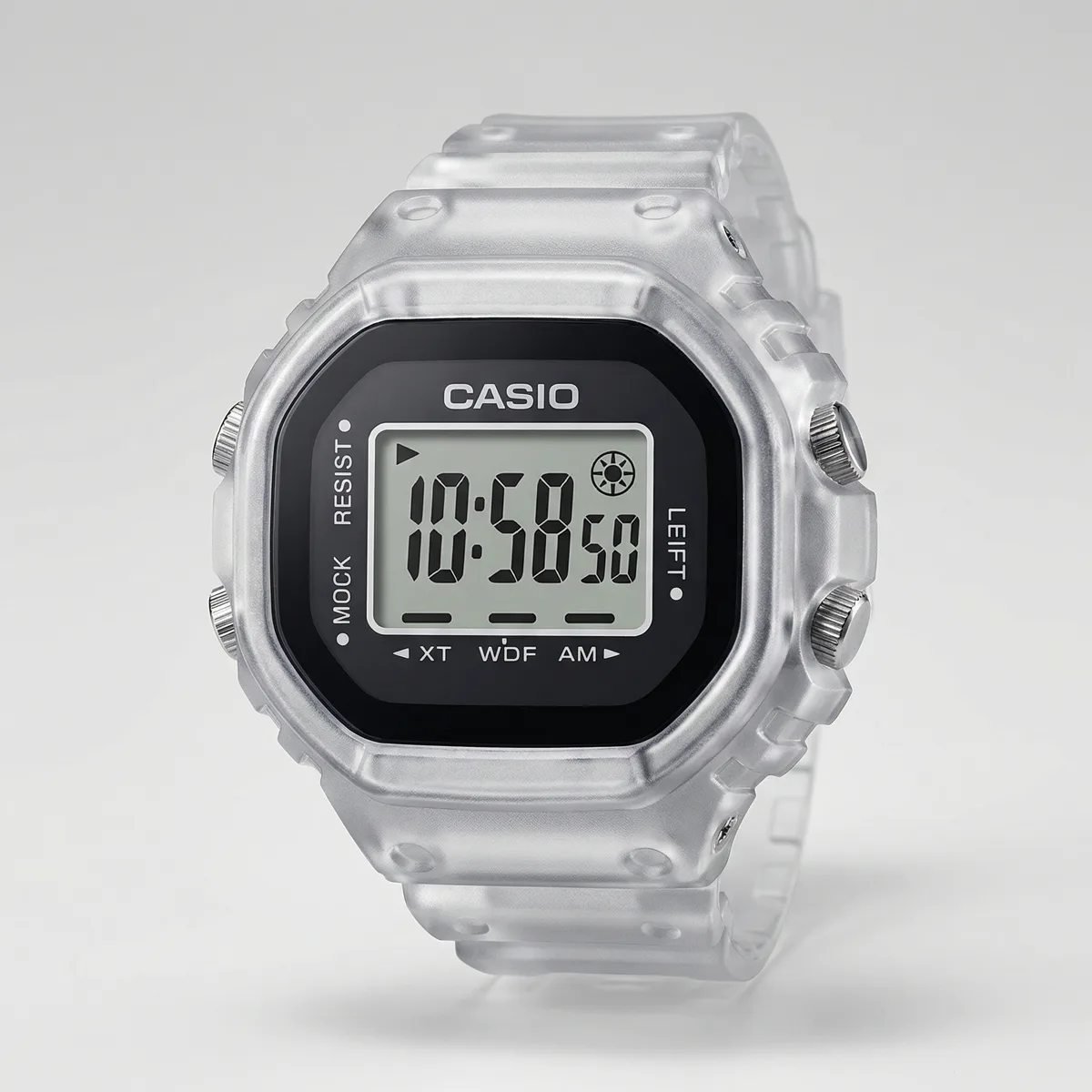 Studio product shot of the transparent digital watch