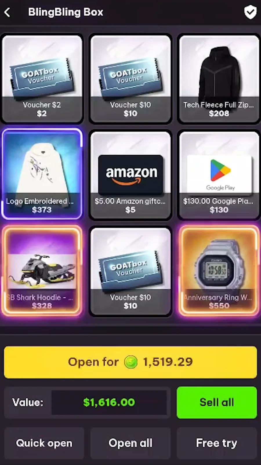 Screenshot of the GoatBox app prize screen with a grid of vouchers and products