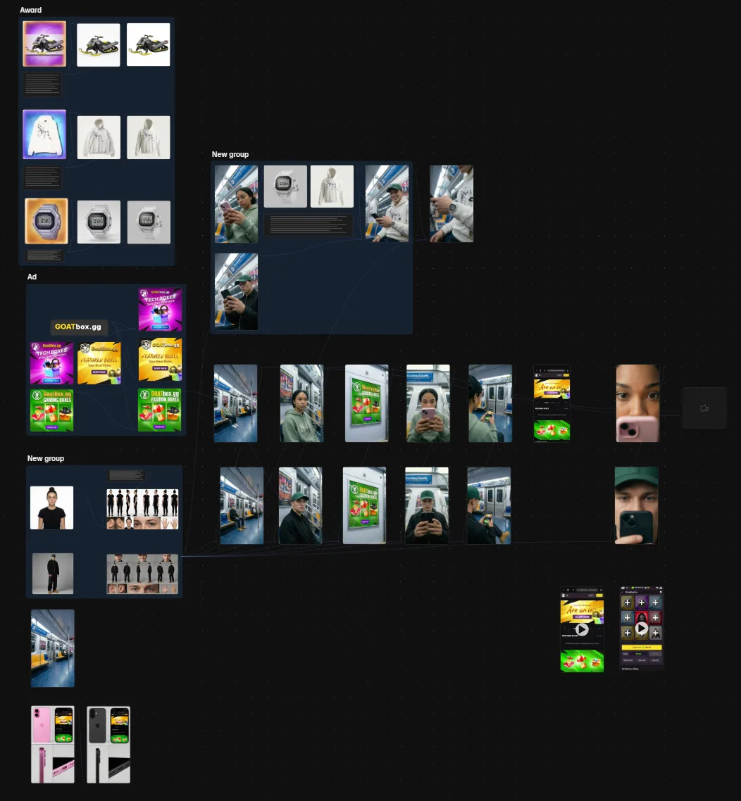Magnific Spaces board showing product sheets, ads, character sheets and generated subway shots connected by lines