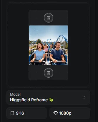 Higgsfield Reframe interface extending a roller-coaster family shot to 9:16