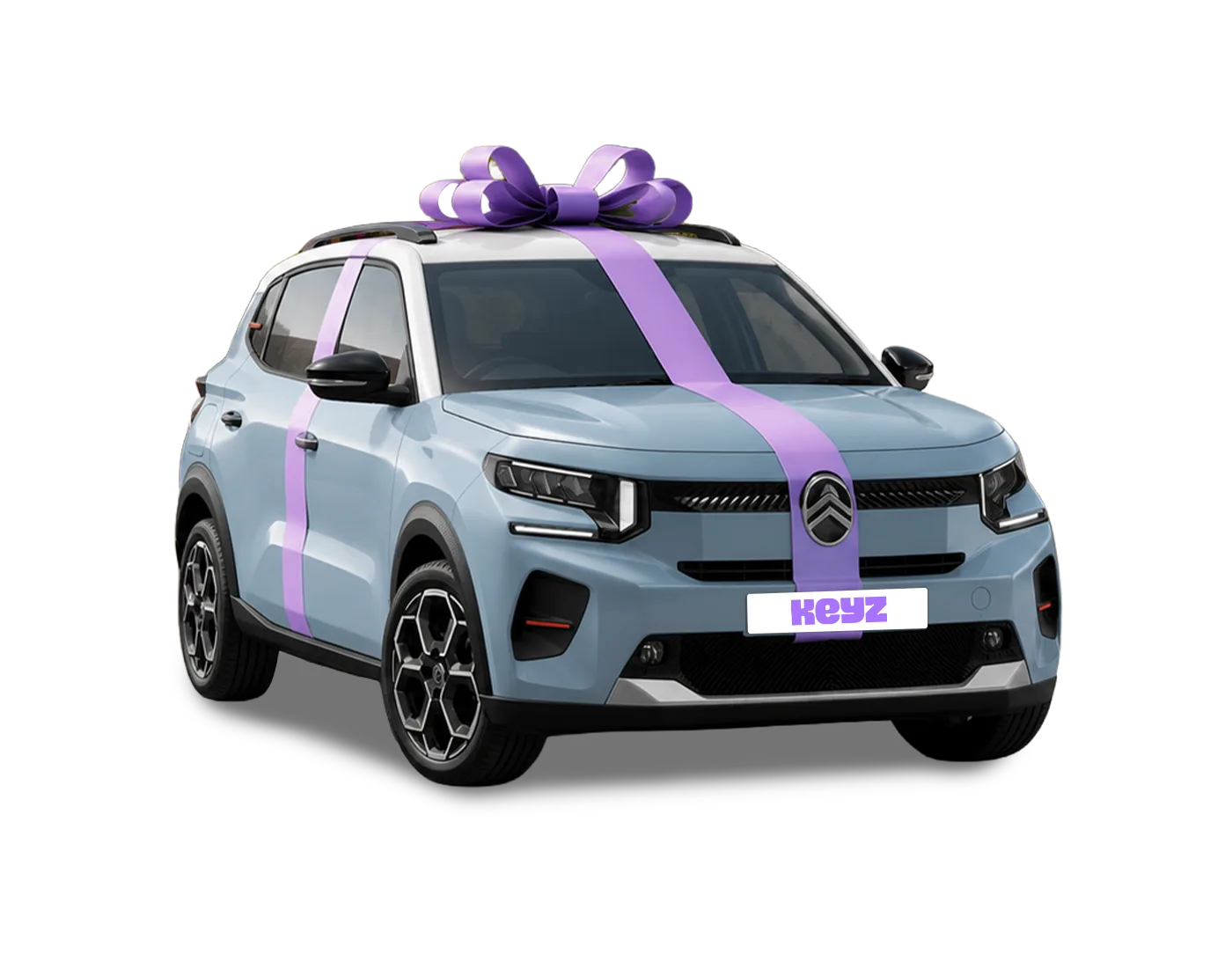 Light blue Citroën with a purple gift ribbon and KEYZ plate on a black background