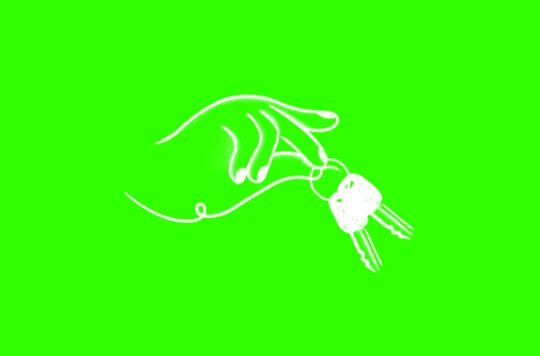 White line drawing of a hand holding keys on green