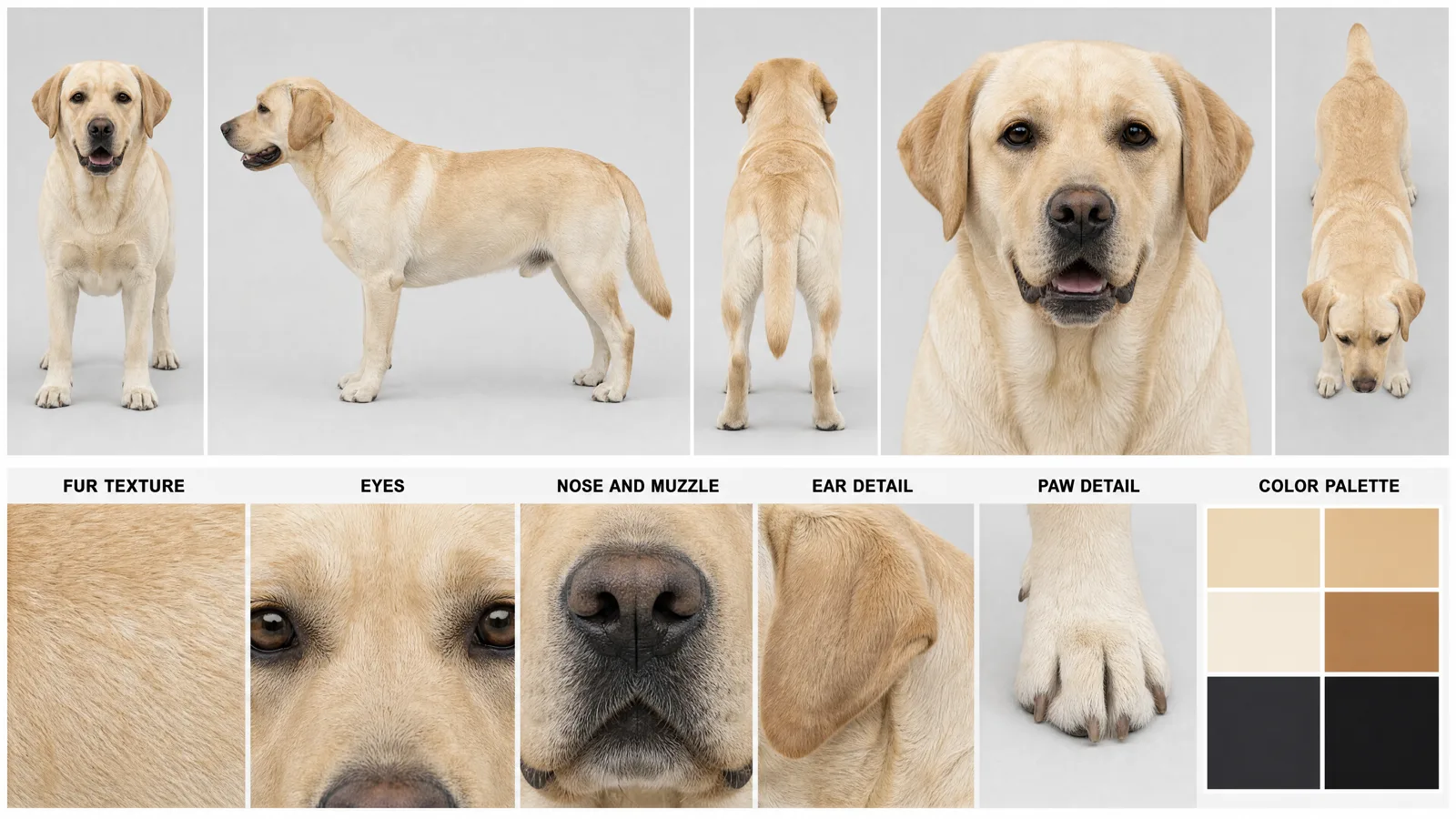 Character sheet: yellow labrador, five angles plus fur, eyes, muzzle, ear and paw details