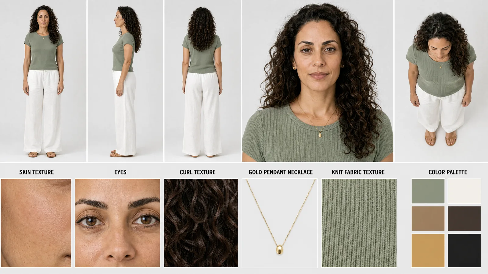 Character sheet: woman with curly dark hair, five angles plus skin, eyes, hair, necklace, fabric and palette details